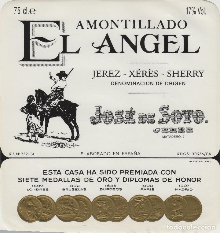 Etiquetas antigas: JOS&Eacute; DE SOTO . JEREZ SHERRY AMONTILLADO EL ANGEL . ETIQUETA VINO ORIGINAL ref 37