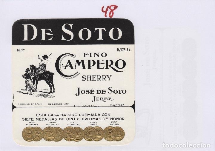 Etichette antiche: JOS&Eacute; DE SOTO . JEREZ ,SHERRY DE SOTO FINO CAMPERO . ETIQUETA VINO ORIGINAL ref 48