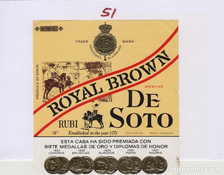 Etichette antiche: JOS&Eacute; DE SOTO . JEREZ ,SHERRY DE SOTO ROYAL BROWN RUBI . ETIQUETA VINO ORIGINAL ref 51