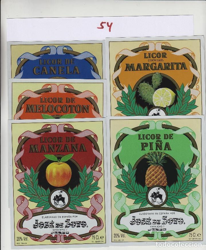 Etichette antiche: JOS&Eacute; DE SOTO. JEREZ LICOR - LICORES DE FRUTAS ( LOTE DE 5 ) 75 CL . ETIQUETA ORIGINAL