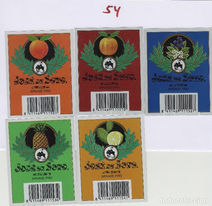 Etichette antiche: JOS&Eacute; DE SOTO. JEREZ LICOR - LICORES DE FRUTAS ( LOTE DE 5 ) peque&ntilde;as . ETIQUETA ORIGINAL