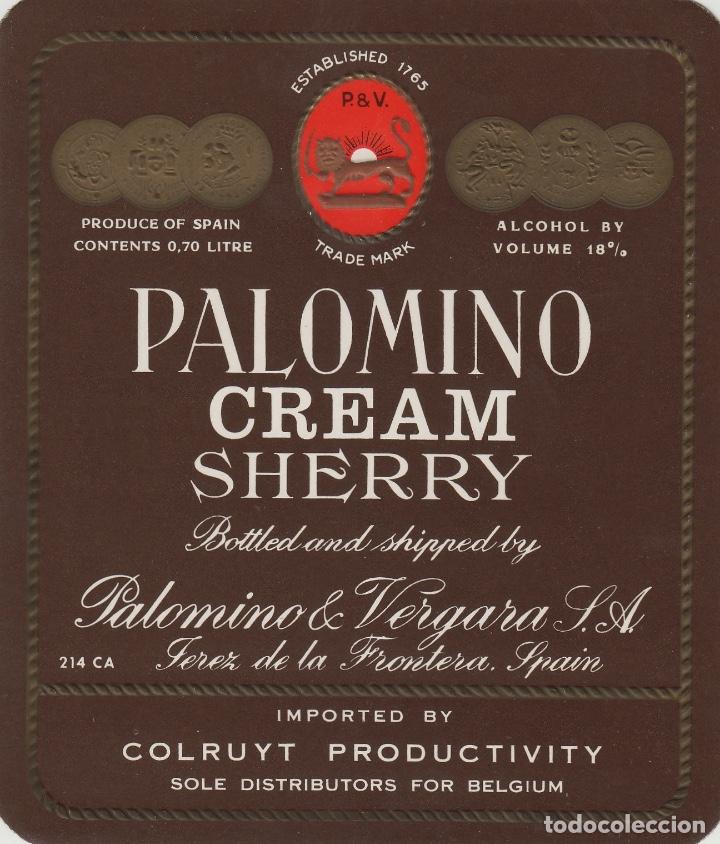 Etiquetas antiguas: PALOMINO & VERGARA . JEREZ SHERRY marr&oacute;n CREAM IMPORT COLRUYT . ETIQUETA DE VINO ORIGINAL ref 23