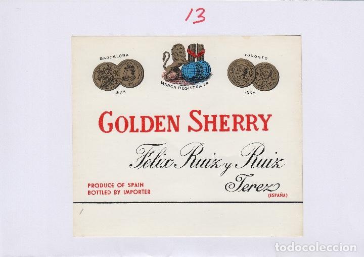 Etiquetas antigas: FELIX RUIZ Y RUIZ . JEREZ SHERRY , GOLDEN SHERRY . .ETIQUETA VINO ORIGINAL ref 13