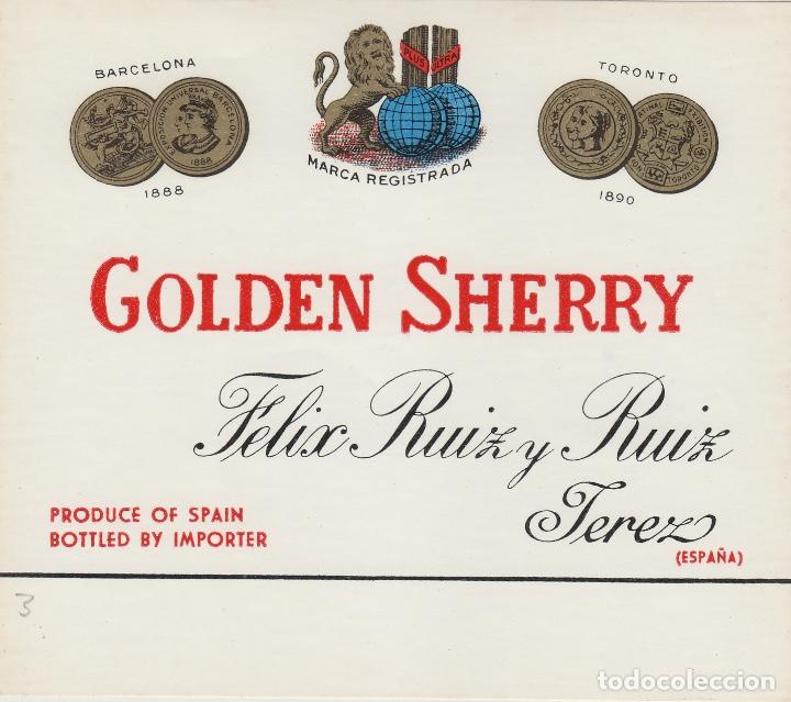 Etiquetas antigas: FELIX RUIZ Y RUIZ . JEREZ SHERRY , GOLDEN SHERRY . .ETIQUETA VINO ORIGINAL ref 13