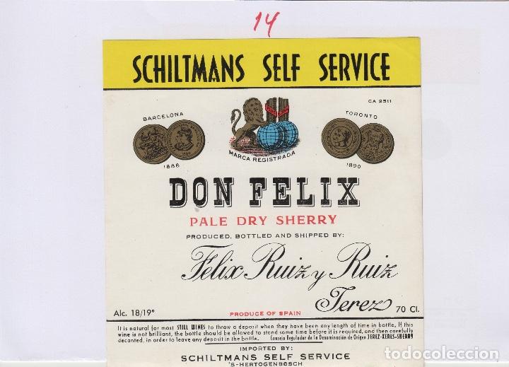 Etiquetas antigas: FELIX RUIZ Y RUIZ . JEREZ SHERRY DON FELIX SCHILTMANS SELF SERVICE ETIQUETA VINO ORIGINAL ref 14