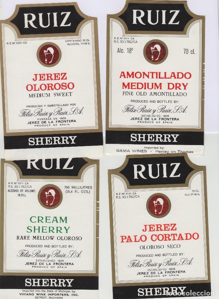 Etiquetas antigas: FELIX RUIZ Y RUIZ . JEREZ SHERRY RUIZ lote de 4 . ETIQUETA VINO ORIGINAL ref37