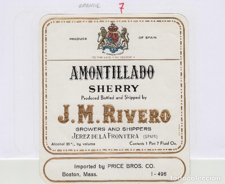 &Eacute;tiquettes anciennes: J.M.RIVERO CZ . JEREZ SHERRY AMONTILLADO , IMPORT PRICE BROS BOSTON . ETIQUETA VINO ORIGINAL ref