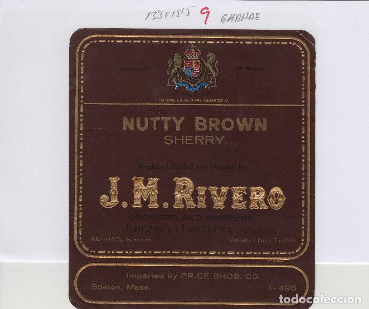 Old Labels: J.M.RIVERO CZ . JEREZ SHERRY NUTTY BROWN IMPORT PRECE BROS BOSTON . ETIQUETA VINO ORIGINAL ref