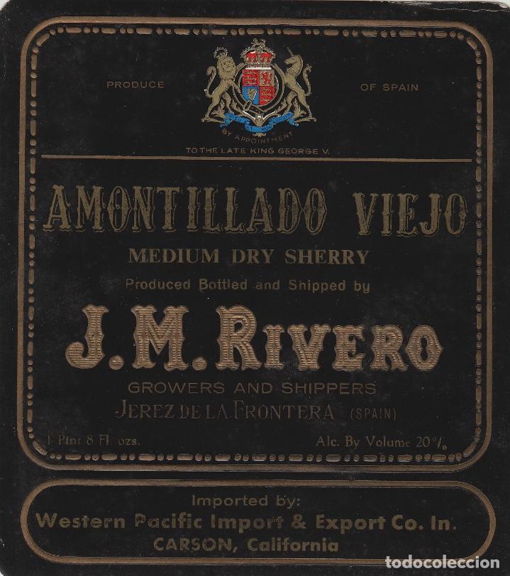 Old Labels: J.M.RIVERO CZ . JEREZ SHERRY AMONTILLADO VIEJO - 11,5x13 cm . ETIQUETA VINO ORIGINAL ref