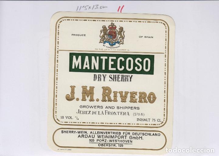 Alte Etiketten: J.M.RIVERO CZ . JEREZ SHERRY MANTECOSO DRY - 11,5x13 cm . ETIQUETA VINO ORIGINAL ref