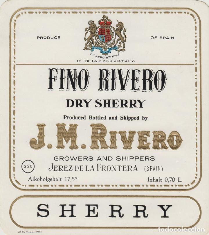 Alte Etiketten: J.M.RIVERO CZ . JEREZ SHERRY FINO RIVERO - 11,5x13 cm . ETIQUETA VINO ORIGINAL ref