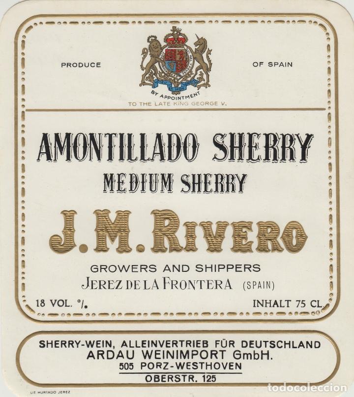 Alte Etiketten: J.M.RIVERO CZ . JEREZ SHERRY AMONTILLADO MEDIUM - 11,5x13 cm . ETIQUETA VINO ORIGINAL ref