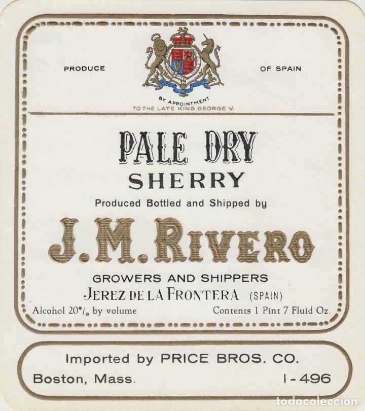 Alte Etiketten: J.M.RIVERO CZ . JEREZ SHERRY PALE DRY - 11,5x13 cm . ETIQUETA VINO ORIGINAL ref