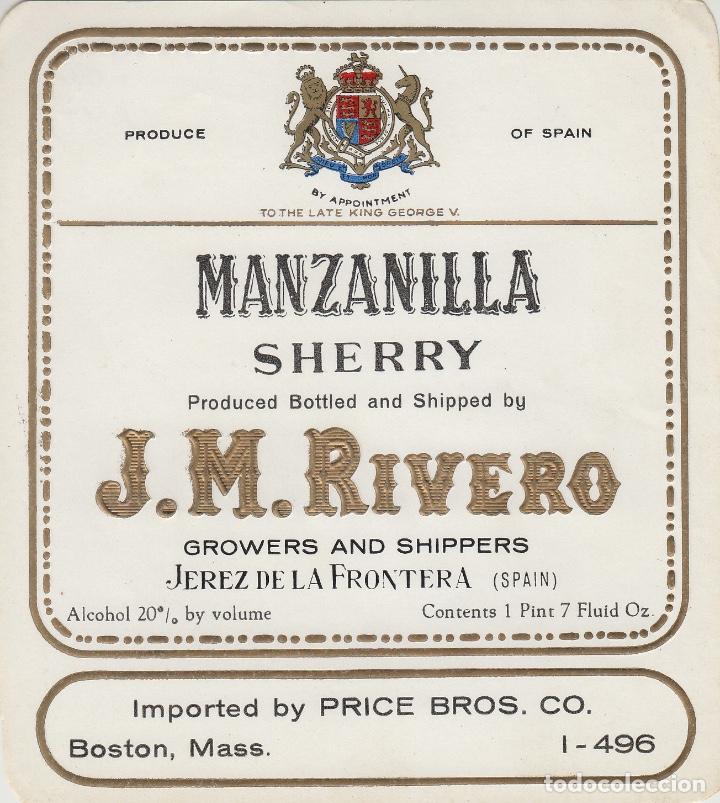 Alte Etiketten: J.M.RIVERO CZ . JEREZ SHERRY MANZANILLA - 11,5x13 cm . ETIQUETA VINO ORIGINAL ref