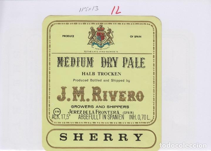 Alte Etiketten: J.M.RIVERO CZ . JEREZ SHERRY MEDIUM DRY PALE HALB TROCKEN - 11,5x13 cm . ETIQUETA VINO ORIGINAL ref