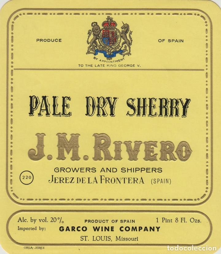 Alte Etiketten: J.M.RIVERO CZ . JEREZ SHERRY PALE DRY SHERRY - 11,5x13 cm . ETIQUETA VINO ORIGINAL ref