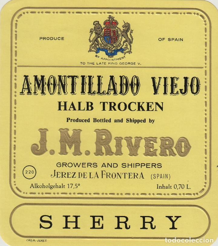 Alte Etiketten: J.M.RIVERO CZ . JEREZ SHERRY AMONTILLADO VIEJO HALB TROCKEN- 11,5x13 cm . ETIQUETA VINO ORIGINAL ref
