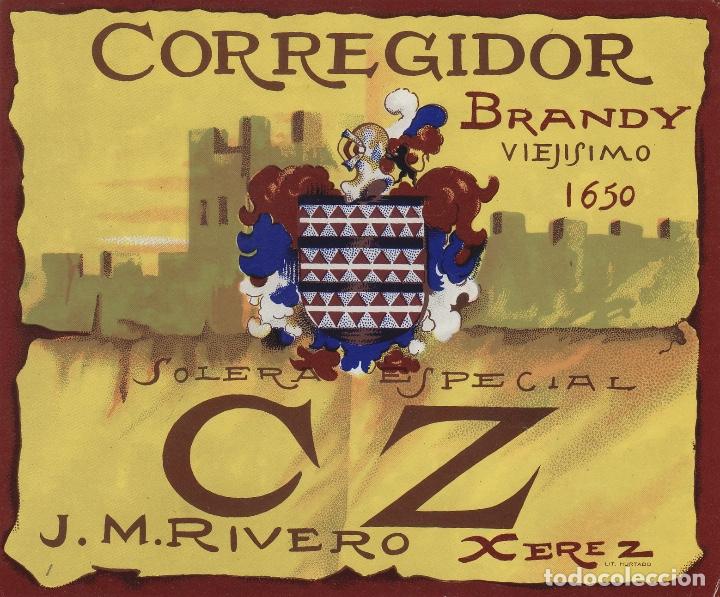 Etiquetas antiguas: J.M.RIVERO CZ . JEREZ SHERRY BRANDY CORREGIDOR 1650 . ETIQUETA VINO ORIGINAL ref21