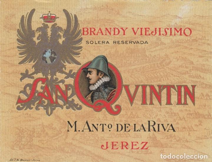 Etiquetas antiguas: DE LA RIVA M. ANT&ordm; . JEREZ BRANDY SOLERA RESERVADA . ETIQUETA 13 X 10 cm VINO ORIGINAL ref 2