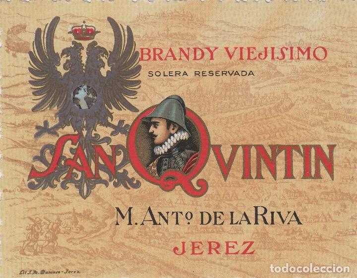 Etiquetas antiguas: DE LA RIVA M. ANT&ordm; . JEREZ BRANDY SOLERA RESERVADA . ETIQUETA 11,5 X 9 cm VINO ORIGINAL ref 2
