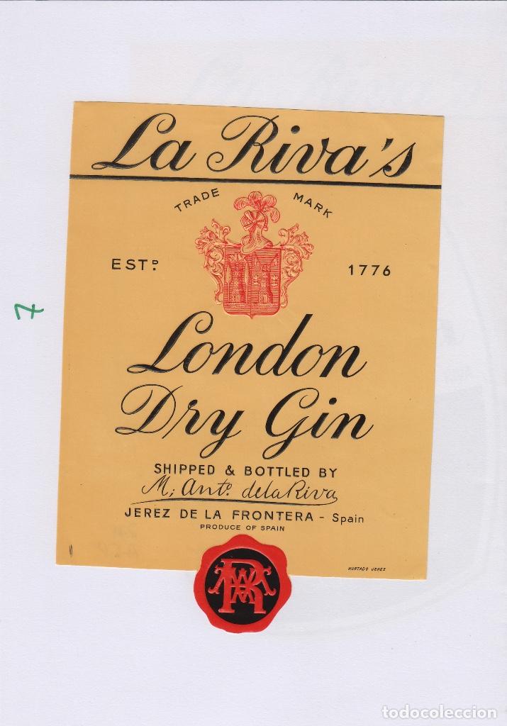 Etiquetas antiguas: DE LA RIVA M. ANT&ordm; . JEREZ LA RIVA&acute;S LONDON DRY GIN GINEBRA . ETIQUETA VINO ORIGINAL ref 7