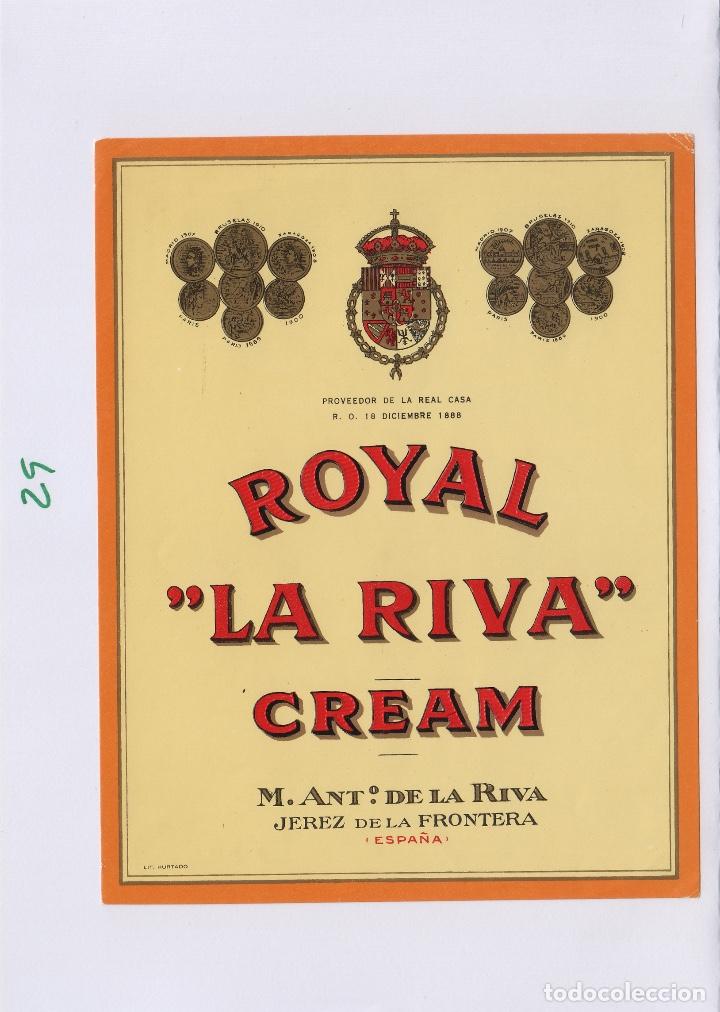 Etiquetas antigas: DE LA RIVA M. ANT&ordm; .JEREZ ROYAL CREAM . ETIQUETA 15 X 11 VINO ORIGINAL ref 29