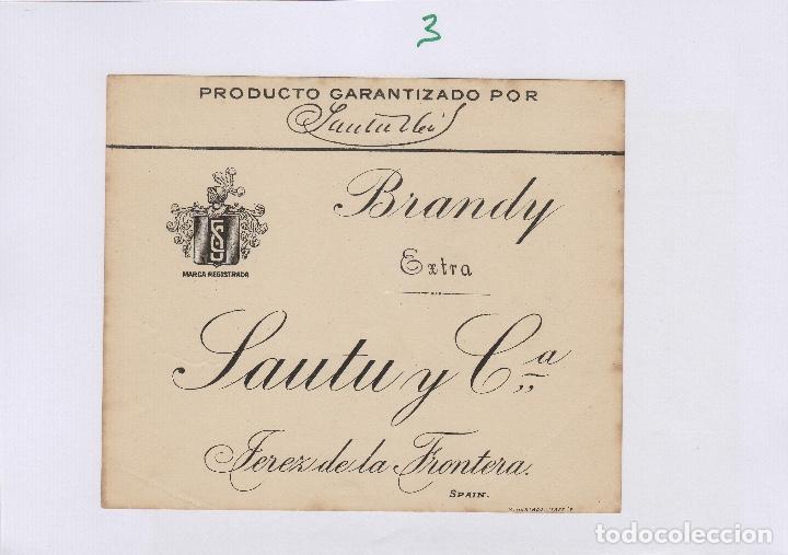 Etiquetas antiguas: SAUTU .JEREZ . JEREZ BRANDY EXTRA . ETIQUETA VINO ORIGINAL ref 3