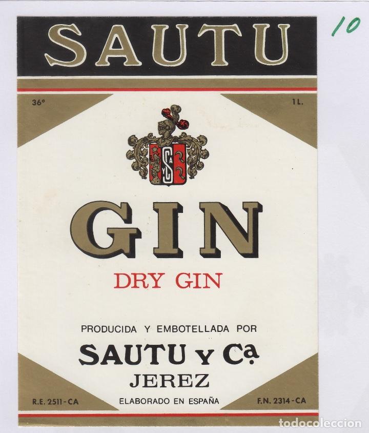 Etiquetas antiguas: SAUTU .JEREZ . GINEBRA GIN , . ETIQUETA VINO ORIGINAL ref 10