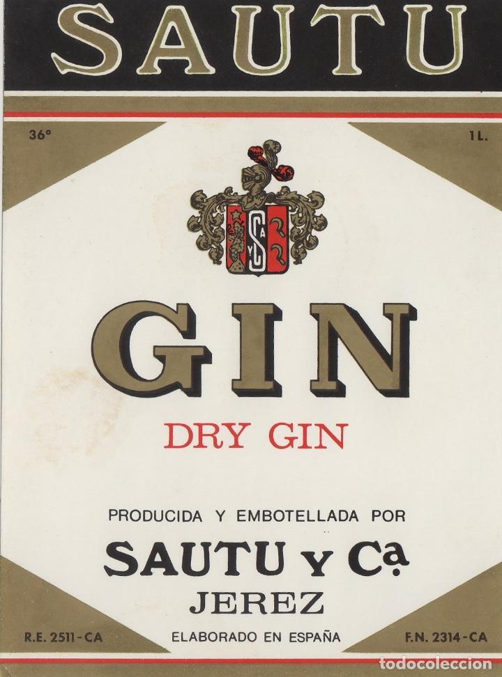 Etiquetas antiguas: SAUTU .JEREZ . GINEBRA GIN , . ETIQUETA VINO ORIGINAL ref 10