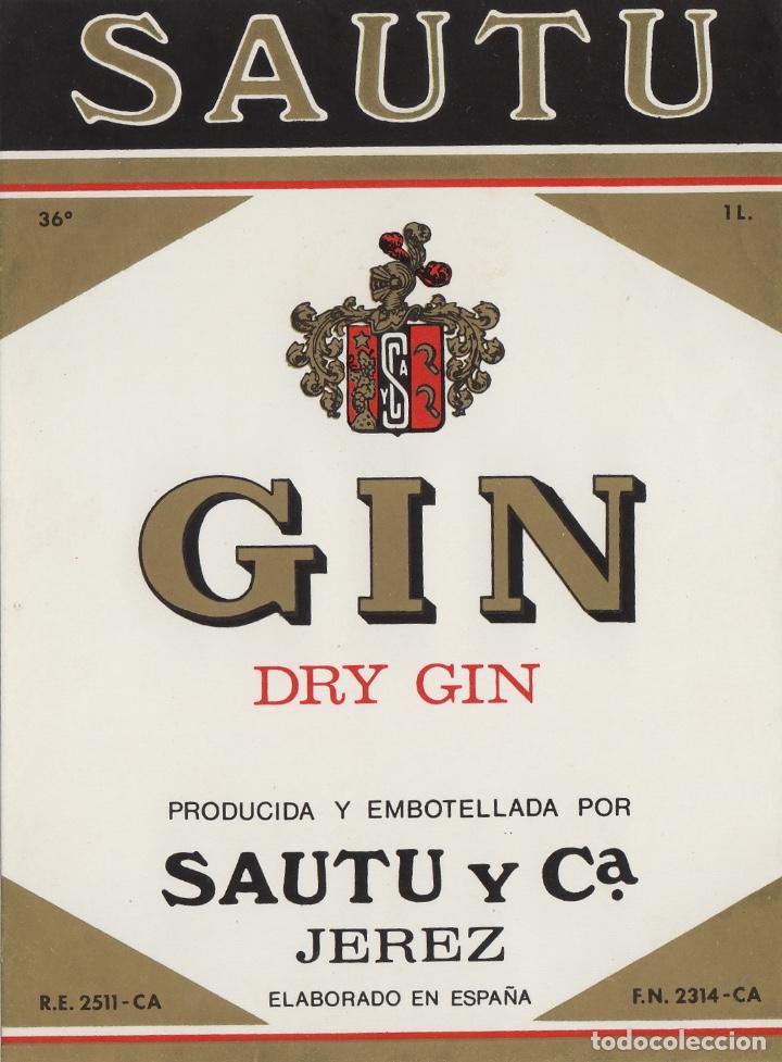 Etiquetas antiguas: SAUTU .JEREZ . GINEBRA GIN , . ETIQUETA VINO ORIGINAL ref 10