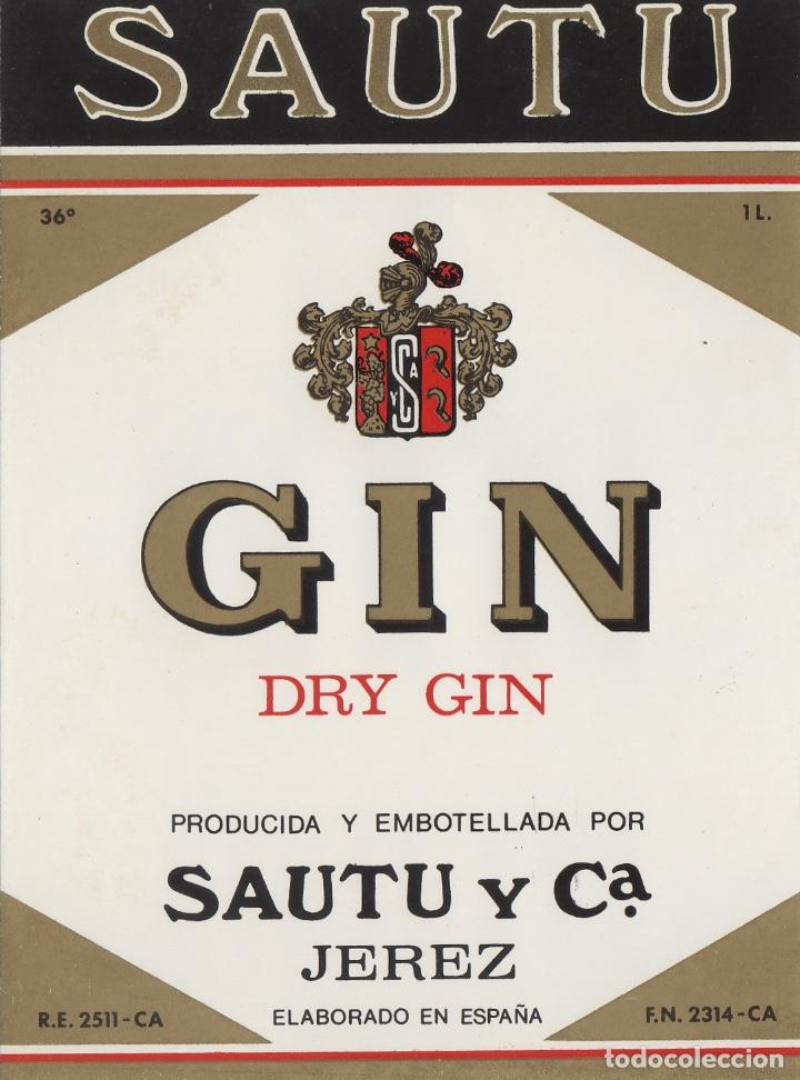 Etiquetas antiguas: SAUTU .JEREZ . GINEBRA GIN , . ETIQUETA VINO ORIGINAL ref 10