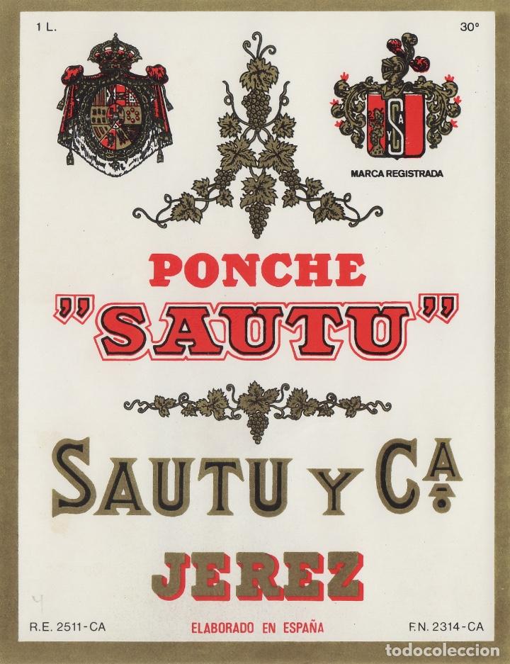 Etichette antiche: SAUTU .JEREZ . PONCHE . ETIQUETA VINO ORIGINAL ref 13