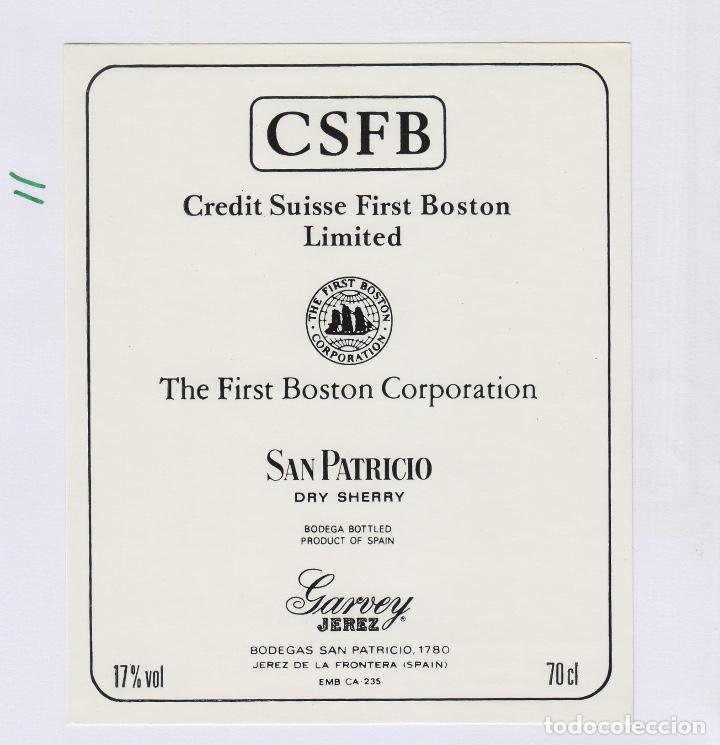 Etiquetas antigas: GARVEY .JEREZ . CREDIT SUISSE FIERST BOSTON , SAN PATRICIO . ETIQUETA VINO ORIGINAL ref 11