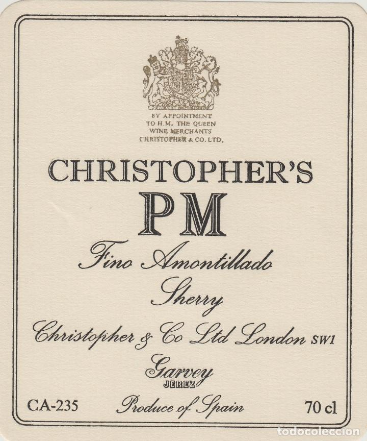 Etiquetas antigas: GARVEY .JEREZ . CHRISTOPHER'S PM FINO AMONTILLADO . ETIQUETA VINO ORIGINAL ref 11