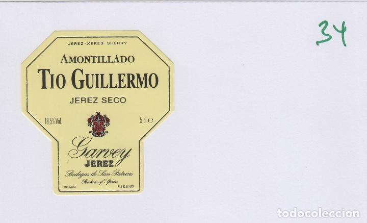 Etiquetas antiguas: GARVEY .JEREZ. AMONTILLADO TIO GUILLERMO , PEQUE&Ntilde;A 5X 3 CM . ETIQUETA VINO ORIGINAL ref 34