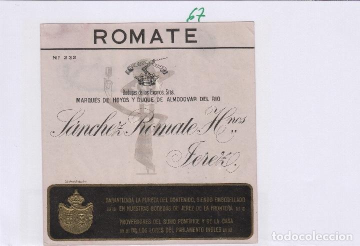 Old Labels: SANCHEZ ROMATE . JEREZ , MARQU&Eacute;S DE HOYOS Y DUQUE ALMODOVAR . ETIQUETA VINO ORIGINAL ref 67
