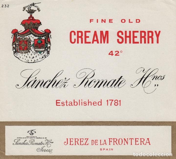 Old Labels: SANCHEZ ROMATE . JEREZ ,FINE OLD CREAM SHERRY . ETIQUETA VINO ORIGINAL ref 67