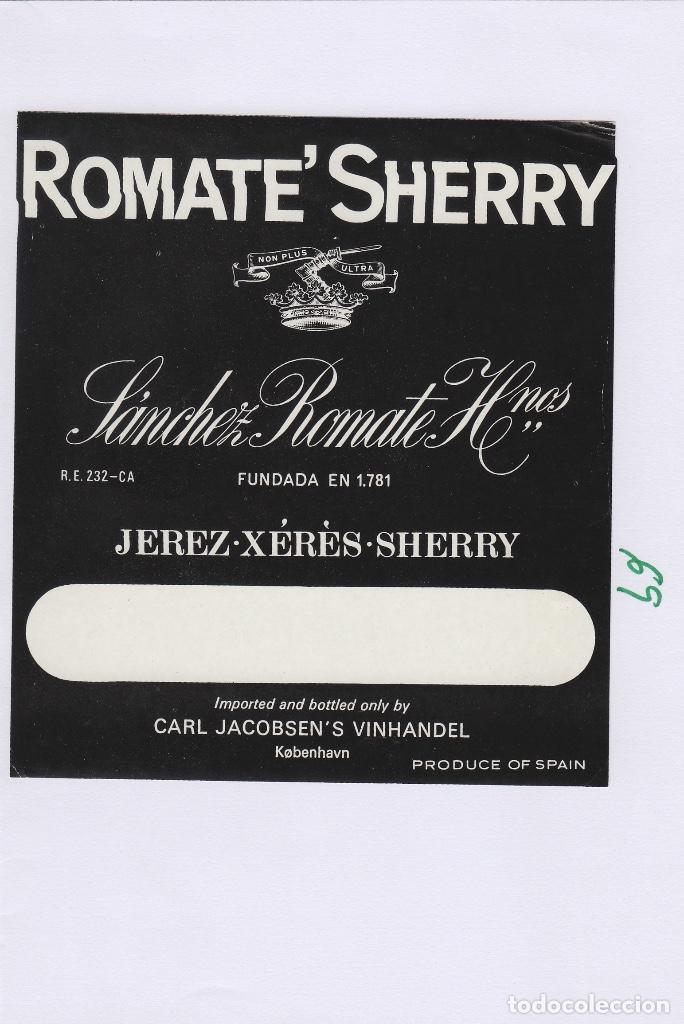 Etiquetas antiguas: SANCHEZ ROMATE . JEREZ SHERRY sin nombre , IMPORT CARL JACOBSEN . ETIQUETA VINO ORIGINAL ref 68