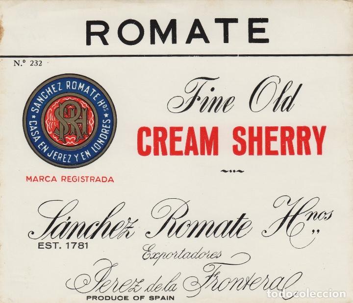 Etichette antiche: SANCHEZ ROMATE . JEREZ, CREAM SHERRY . ETIQUETA VINO ORIGINAL ref 74
