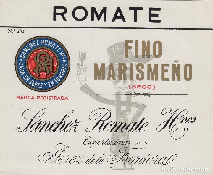 Etichette antiche: SANCHEZ ROMATE . JEREZ, FINO MARISME&Ntilde;O SHERRY . ETIQUETA VINO ORIGINAL ref 74