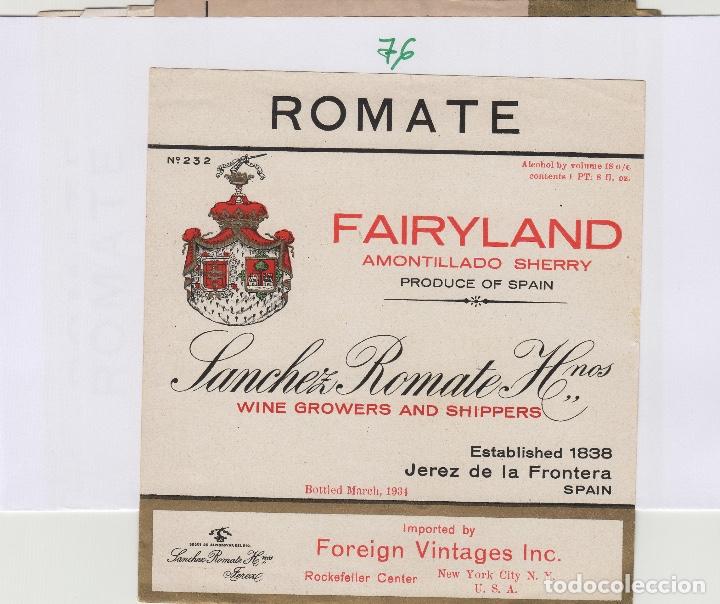 Alte Etiketten: SANCHEZ ROMATE . JEREZ .FAIRYLAND SHERRY ETIQUETA VINO ORIGINAL ref 76