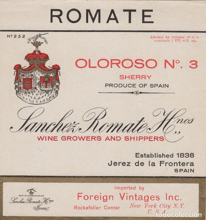 Alte Etiketten: SANCHEZ ROMATE . JEREZ . OLOROSO N&ordm; 3 , ETIQUETA VINO ORIGINAL ref 76