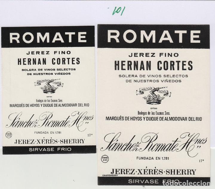 Etiquetas antigas: SANCHEZ ROMATE . JEREZ . - HERNAN CORT&Eacute;S MARQU&Eacute;S DE HOYOS , ETIQUETA VINO ORIGINAL ref 101