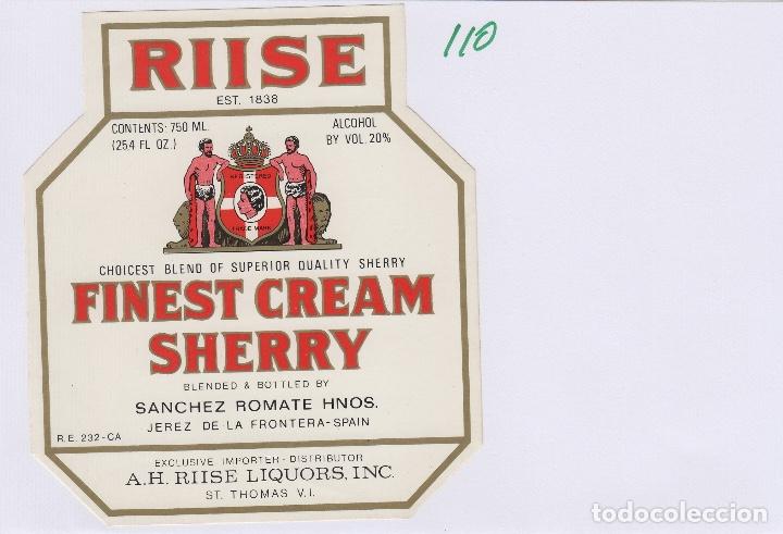 Etichette antiche: SANCHEZ ROMATE . JEREZ . -RIISE FINEST CREAM SHERRY , ETIQUETA VINO ORIGINAL ref 110