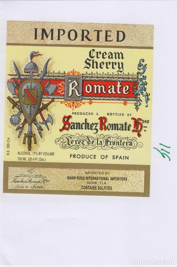 Etiquetas antiguas: SANCHEZ ROMATE . JEREZ .CREMA SHERRY IMPORTED - , ETIQUETA VINO ORIGINAL ref 116