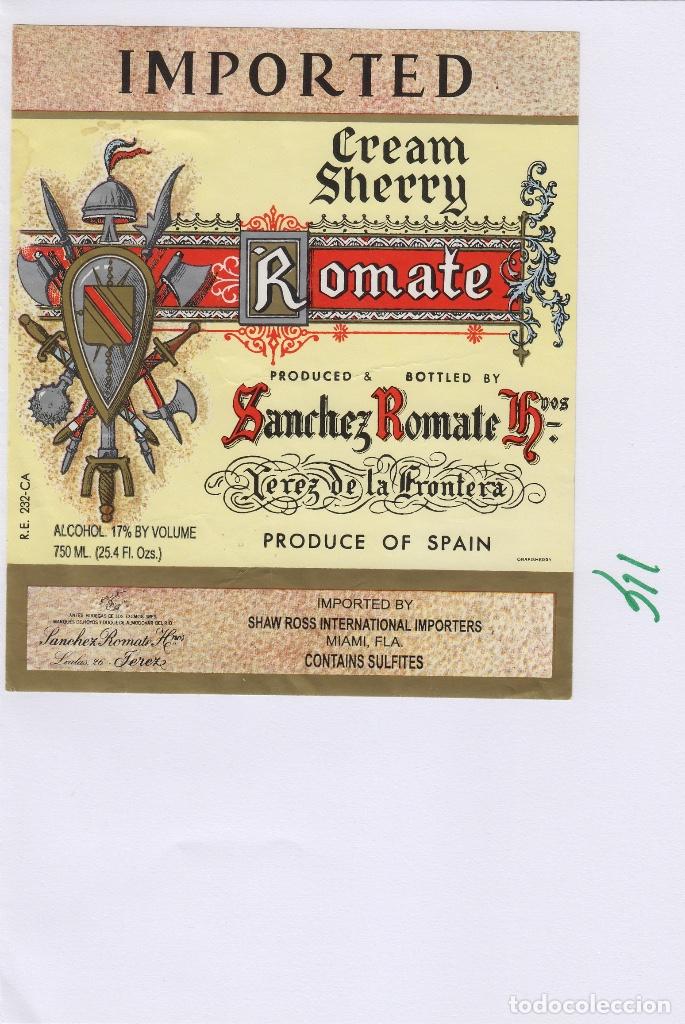 Etiquetas antiguas: SANCHEZ ROMATE . JEREZ .CREMA SHERRY IMPORTED - , ETIQUETA VINO ORIGINAL ref 116