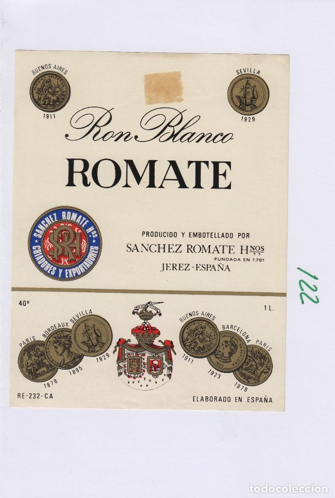 Etiquetas antiguas: SANCHEZ ROMATE . JEREZ RON BLANCO - , ETIQUETA VINO ORIGINAL ref 122