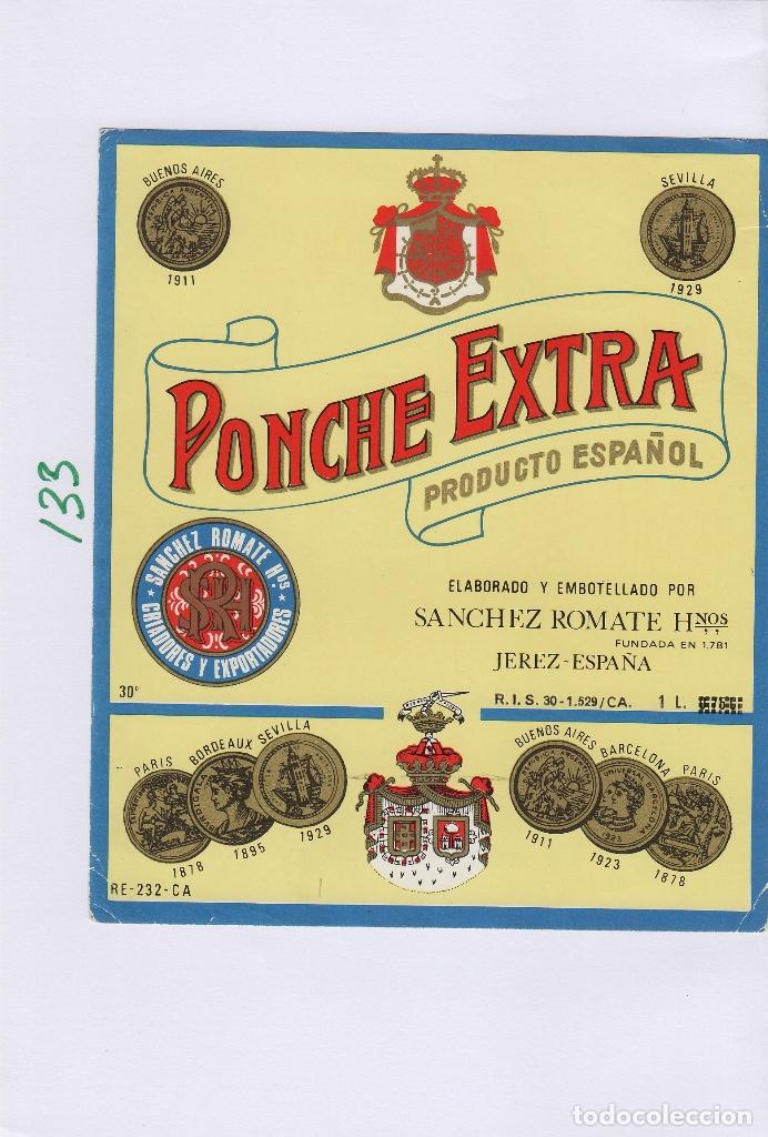 Etiquetas antiguas: SANCHEZ ROMATE . JEREZ PONCHE EXTRA - , ETIQUETA VINO ORIGINAL ref 133