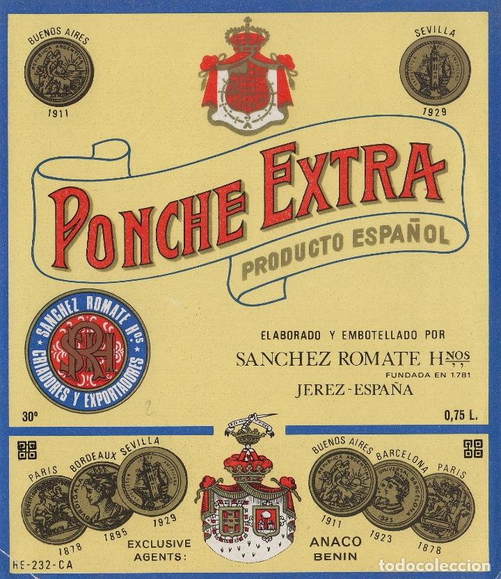 Etiquetas antiguas: SANCHEZ ROMATE . JEREZ PONCHE EXTRA - , ETIQUETA VINO ORIGINAL ref 133