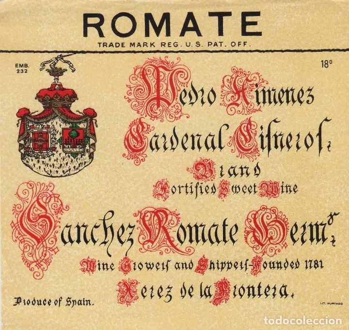 Etichette antiche: SANCHEZ ROMATE . JEREZ PEDRO XIMENEZ CARDENAL CIFNEROF - , ETIQUETA VINO ORIGINAL ref 137